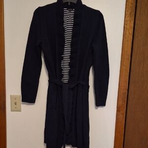 Talbots Womans Long Navy Blue Cardigan With Navy Blue Stripe Lining SZ XS